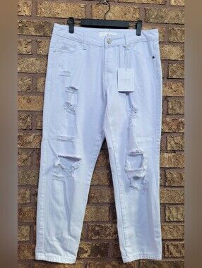 Kancan Mid Rise Distressed Ripped Cropped White Denim Jeans Size 9 Cotton